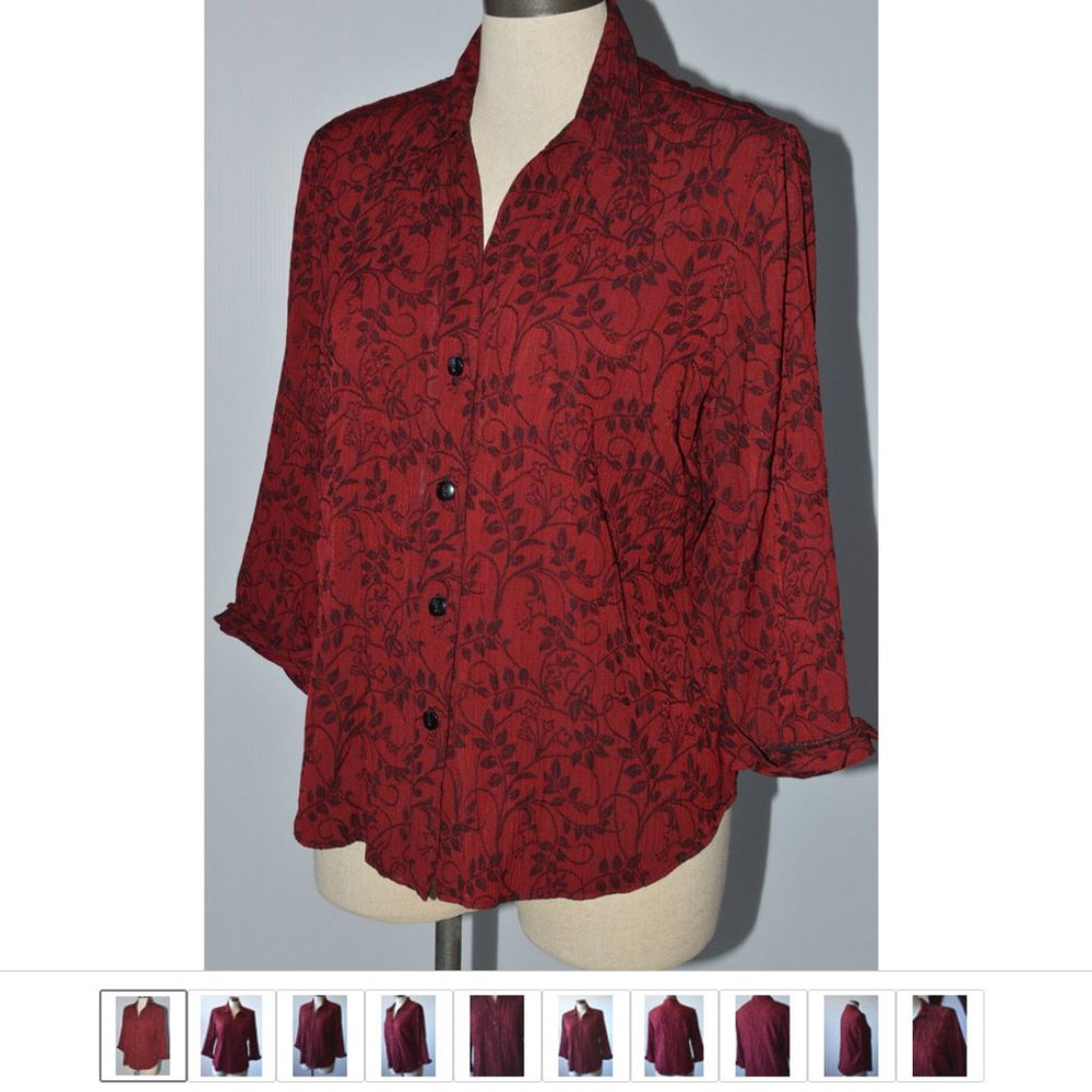Dressbarn Brocade Leaves Pattern Women sz L 3/4 Sleeves Buttons Up Red